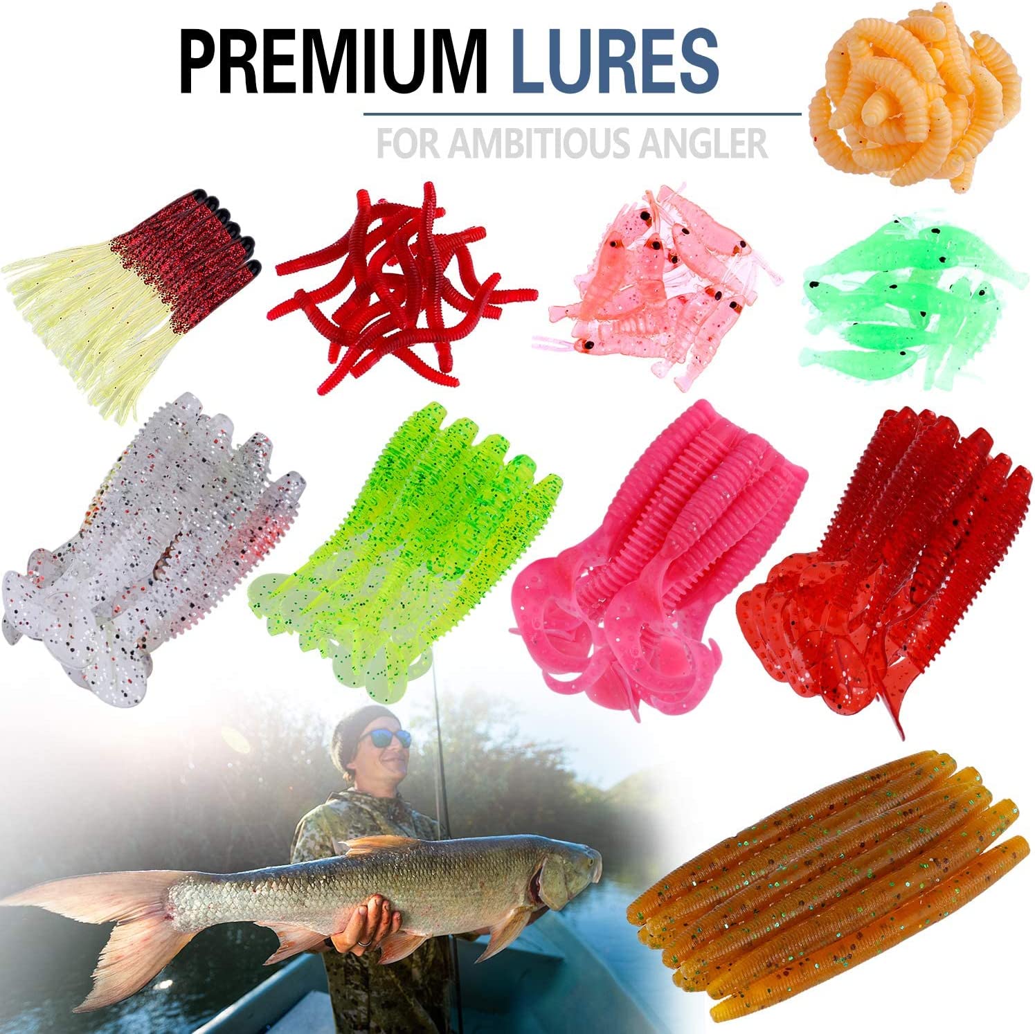 A number of different colored and shaped fishing lures. There is a man holding a large fish. The text reads, 'Premium lures, for ambitious anglers.'