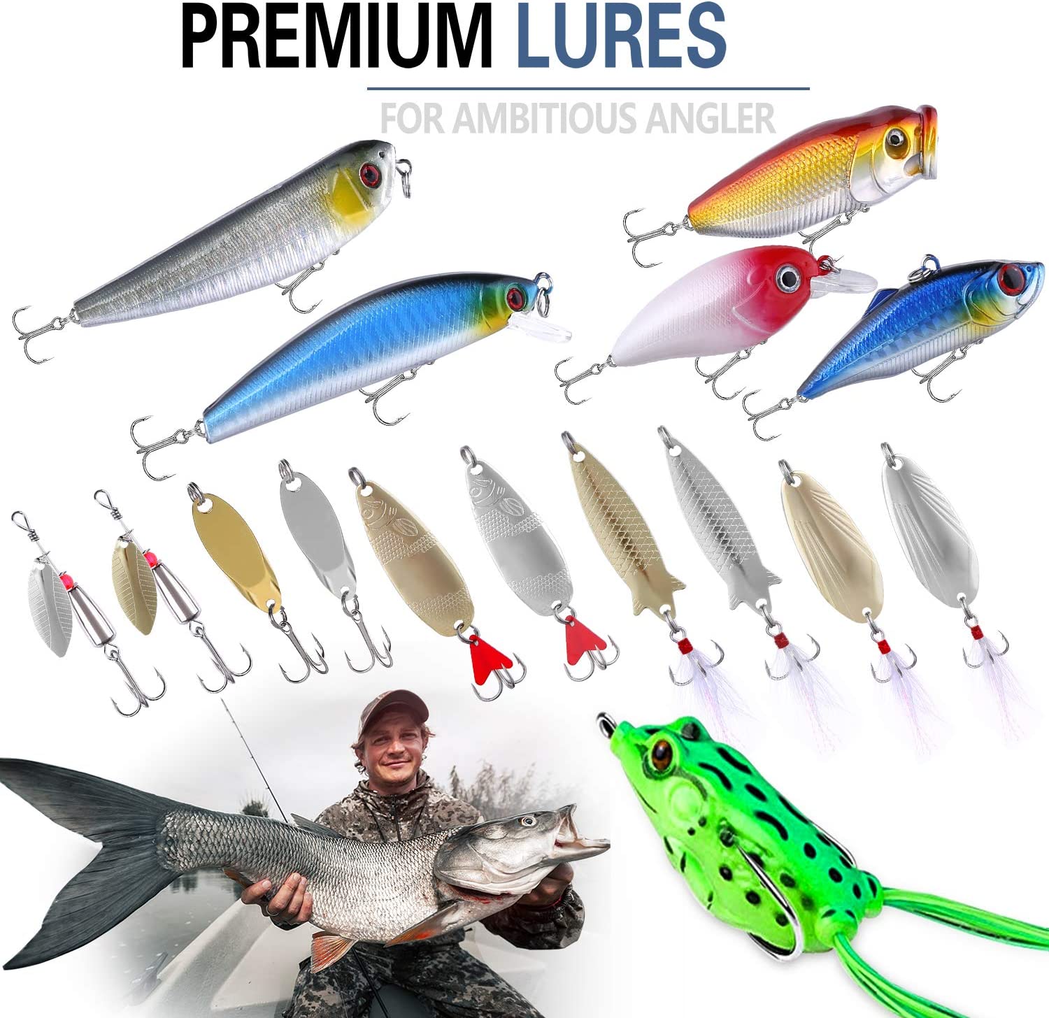 A number of fish shaped fishing lures in varying sizes and colors. There is an inset image of a man holding a large fish.