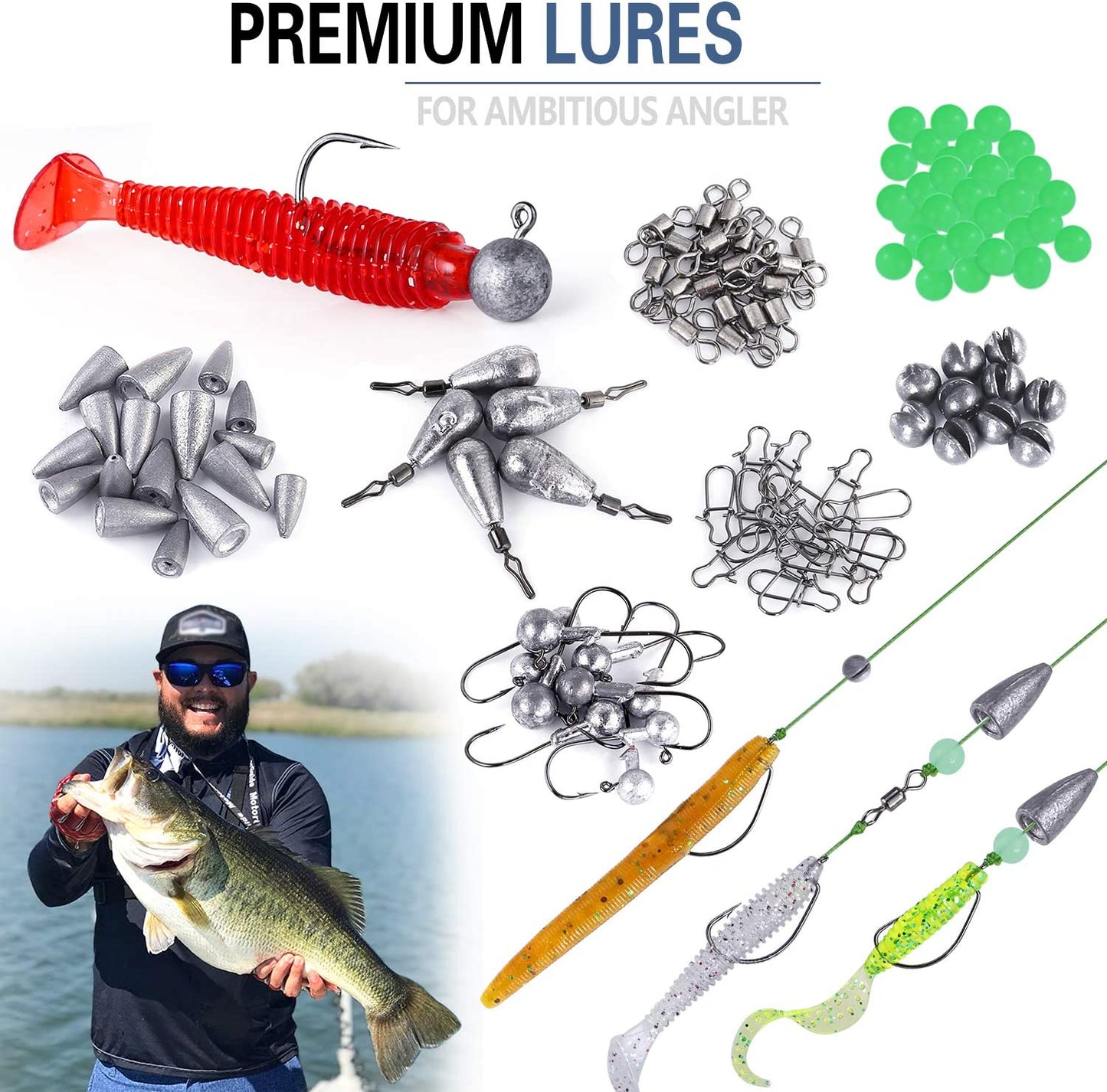 A number of fishing sinkers and lures that are included with the 320 piece fishing lure set. There is an inset image of a man holding a large fish.