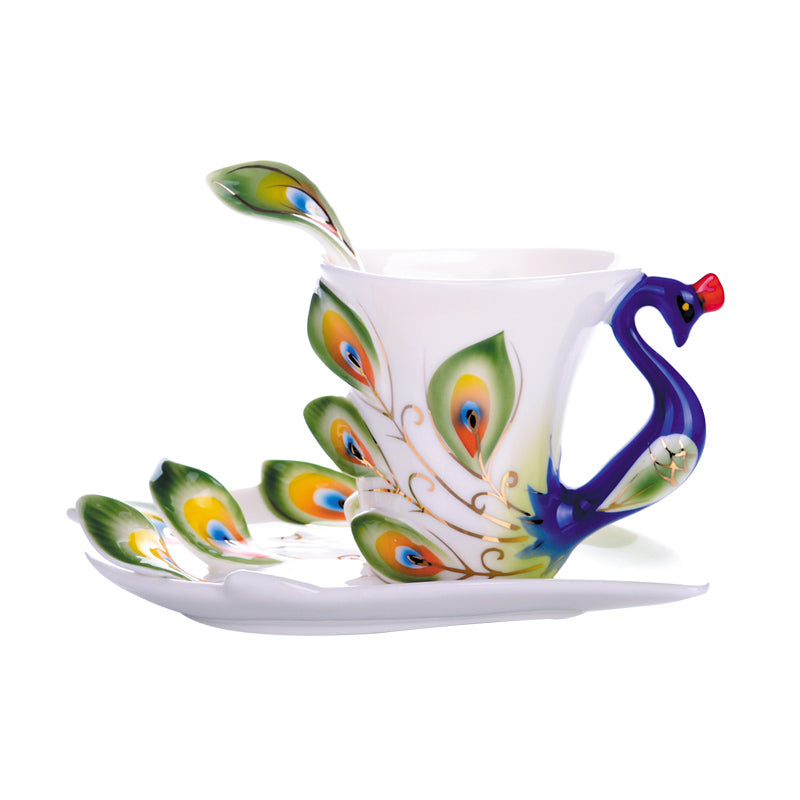 3D Peacock Tea or Coffee Cup with Saucer and Spoon