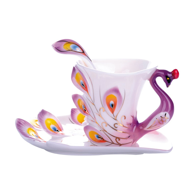 3D Peacock Tea or Coffee Cup with Saucer and Spoon
