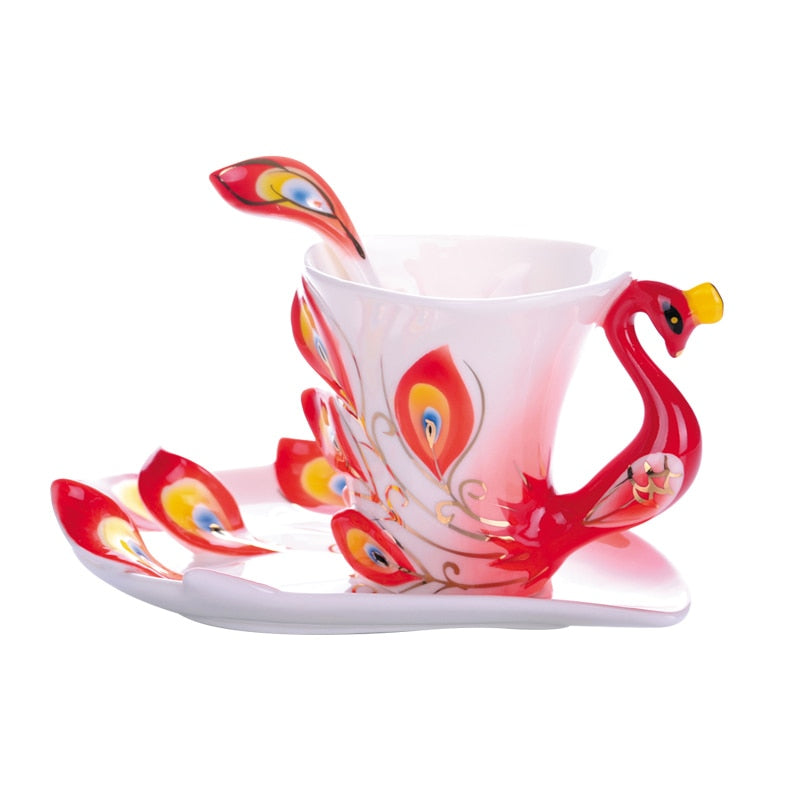 Decorative 3D peacock coffee cup with matching saucer and spoon