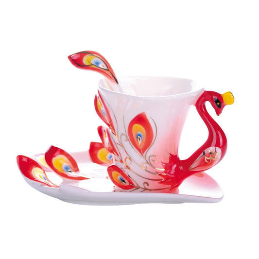 3D Peacock Tea or Coffee Cup with Saucer and Spoon