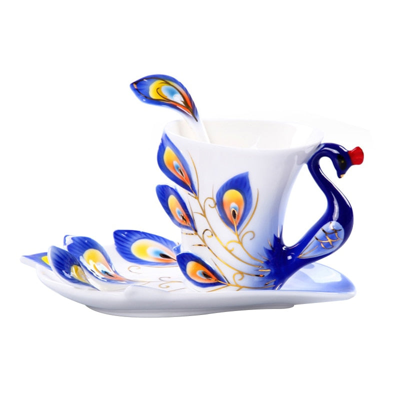 3D Peacock Tea or Coffee Cup with Saucer and Spoon