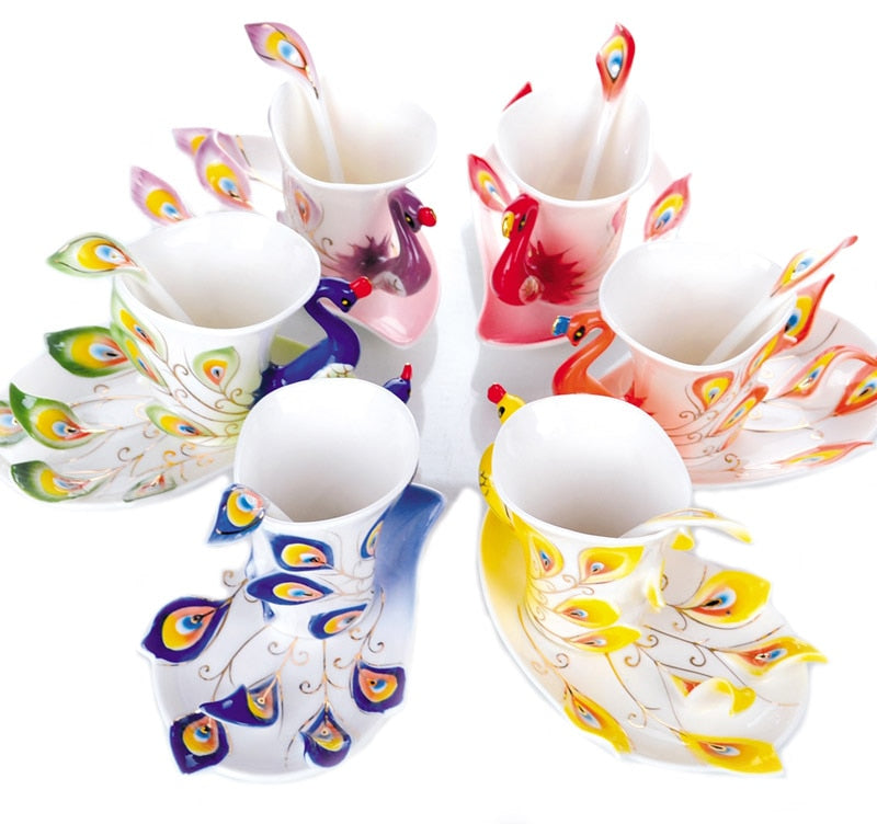 3D Peacock Tea or Coffee Cup with Saucer and Spoon