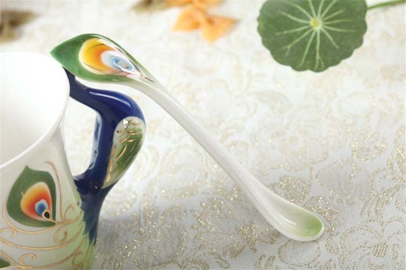 3D Peacock Tea or Coffee Cup with Saucer and Spoon