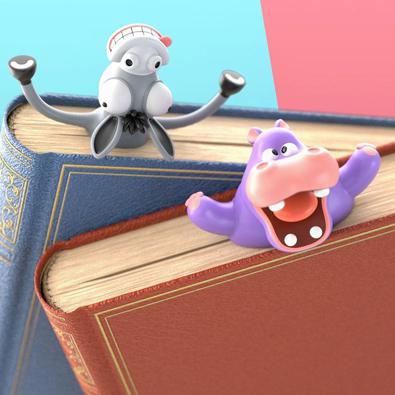 A hippo and a donkey 3D cartoon animal bookmark being used  between the pages of two books.