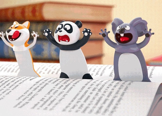 A fox, panda and koala animal bookmark all displayed in a book. They all feature an expression like they are screaming.