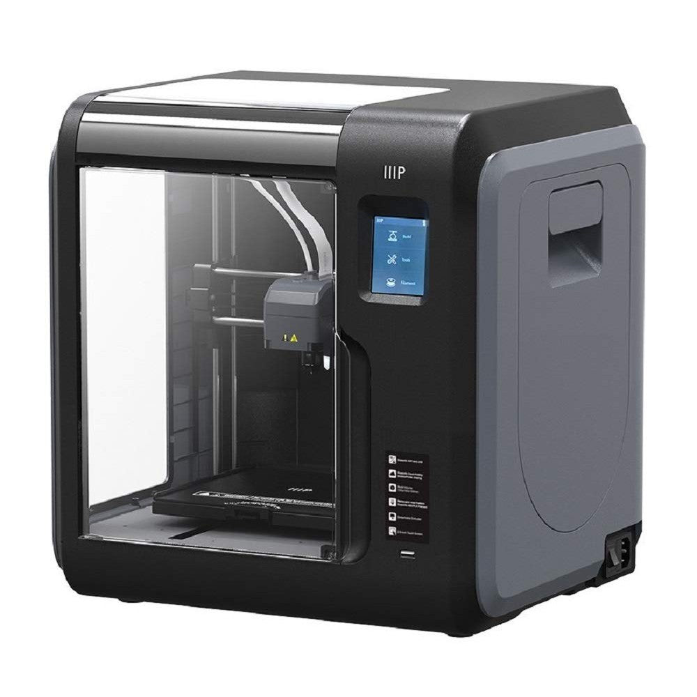 A 45 degree view of a black, fully enclosed 3D printer with touchscreen.