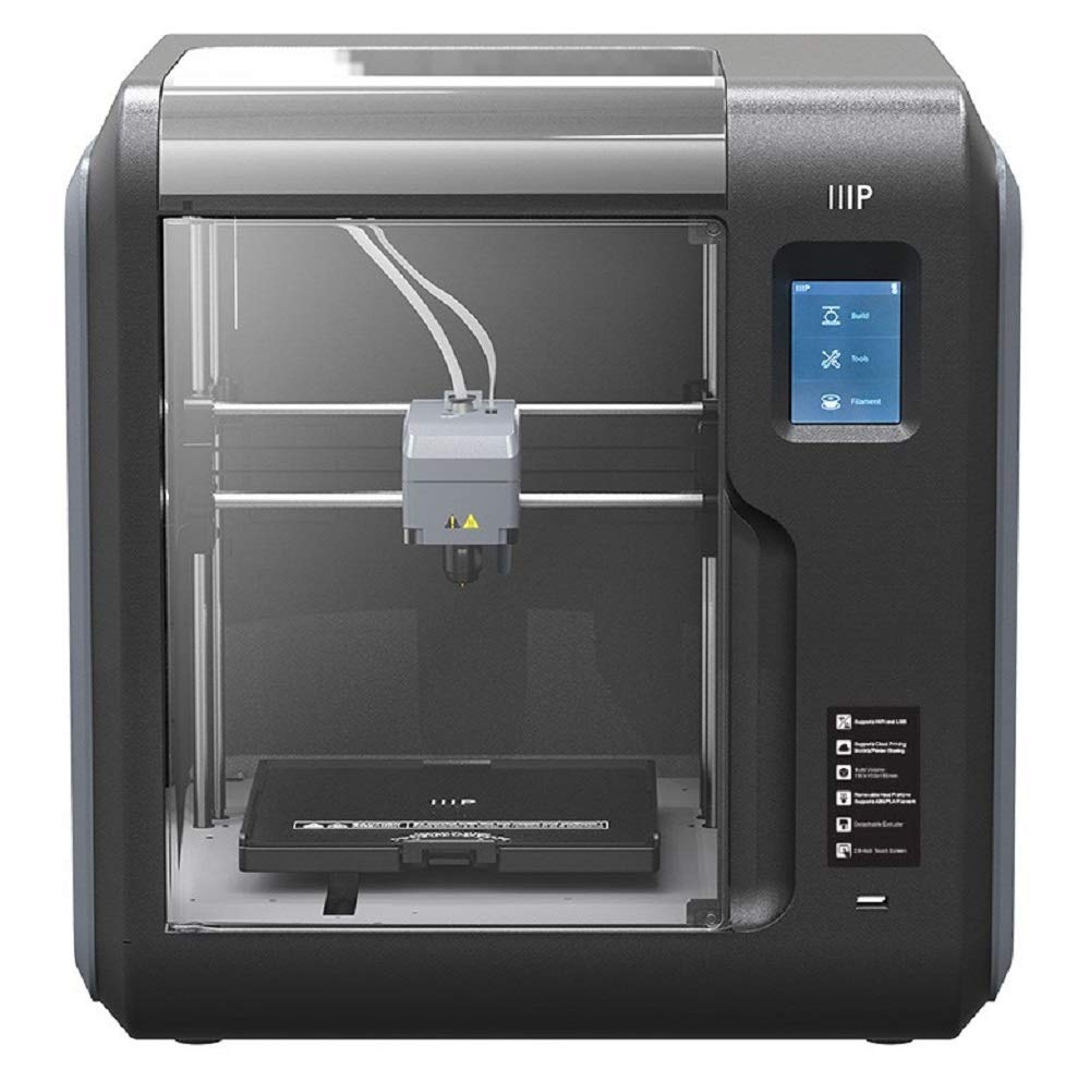 A front view of a black 3D printer featuring a touch screen.