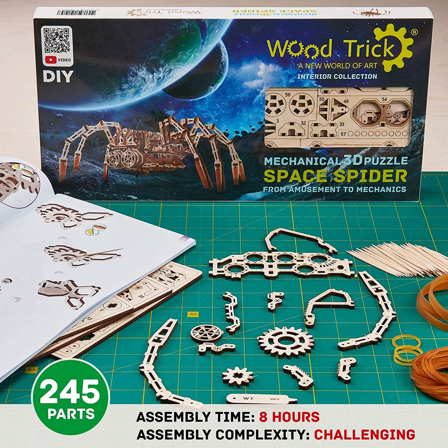 The packaging and contents for a 3D wooden spider puzzle which can be assembled.