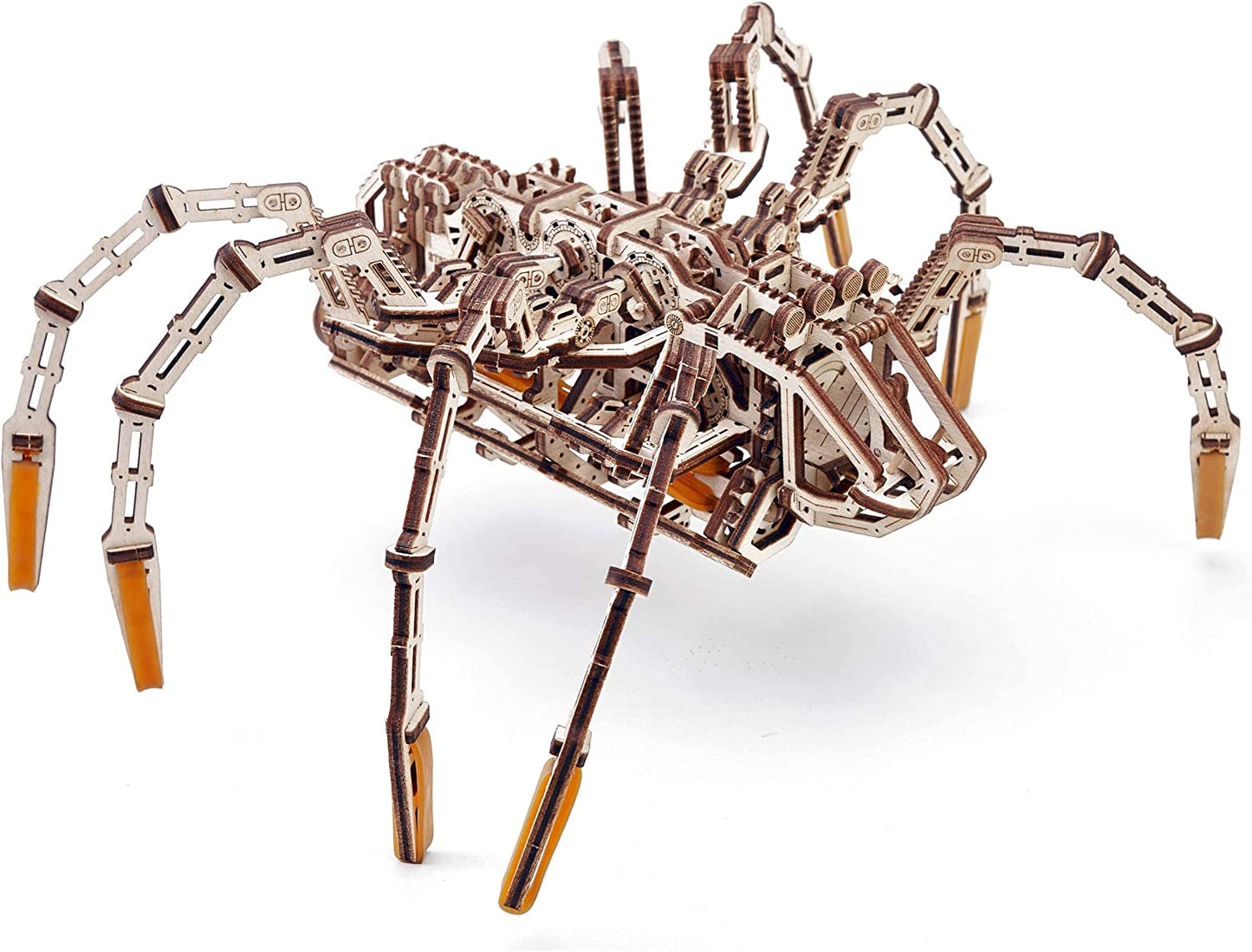 A fully completed 3D wooden spider puzzle kit.