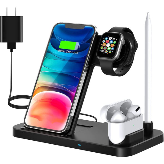 A black colored wireless charging station for Apple devices. On the stand is an iPhone, Apple watch, Apple pencil and AirPods. 