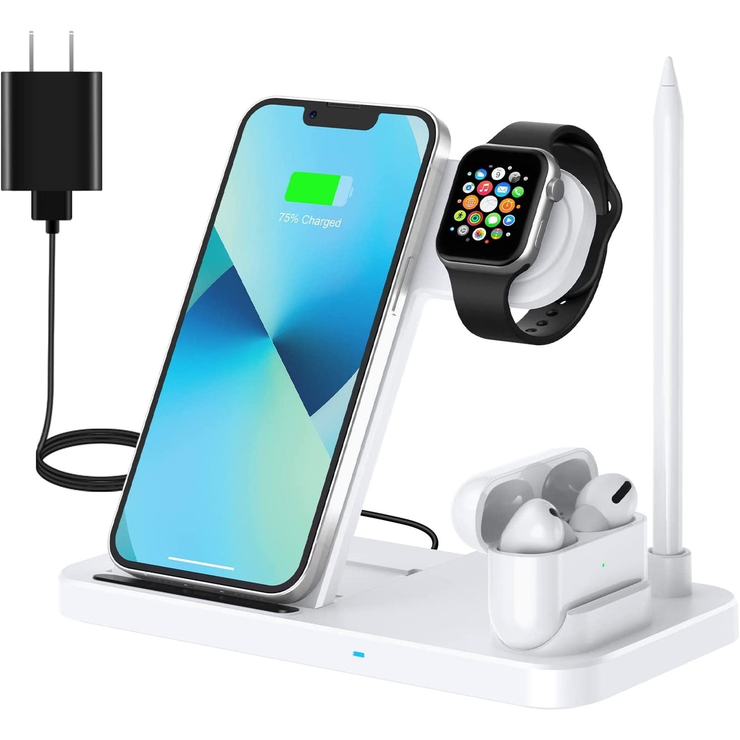 A white colored wireless charging station for Apple devices. On the stand is an iPhone, Apple watch, Apple pencil and AirPods. 