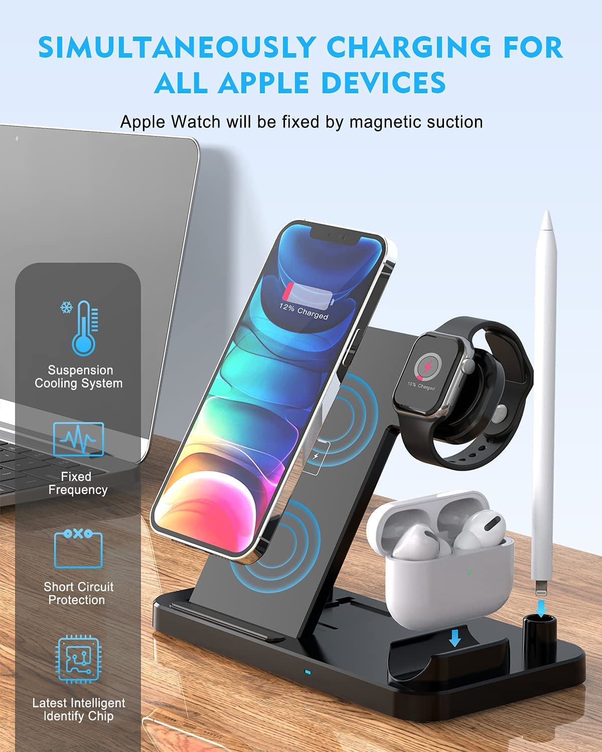 A wireless charging station is on a wooden desk with Apple products placed on the charging station. The text reads, 'Simultaneously charging for all Apple devices.'
