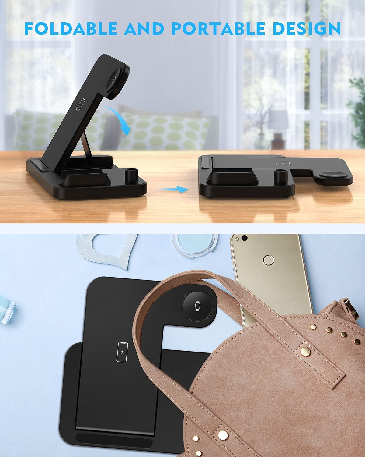A 4-in-1 wireless charging station for Apple products. The text reads, 'Foldable and portable design.' One of the images shows the charging station being folded in half. 