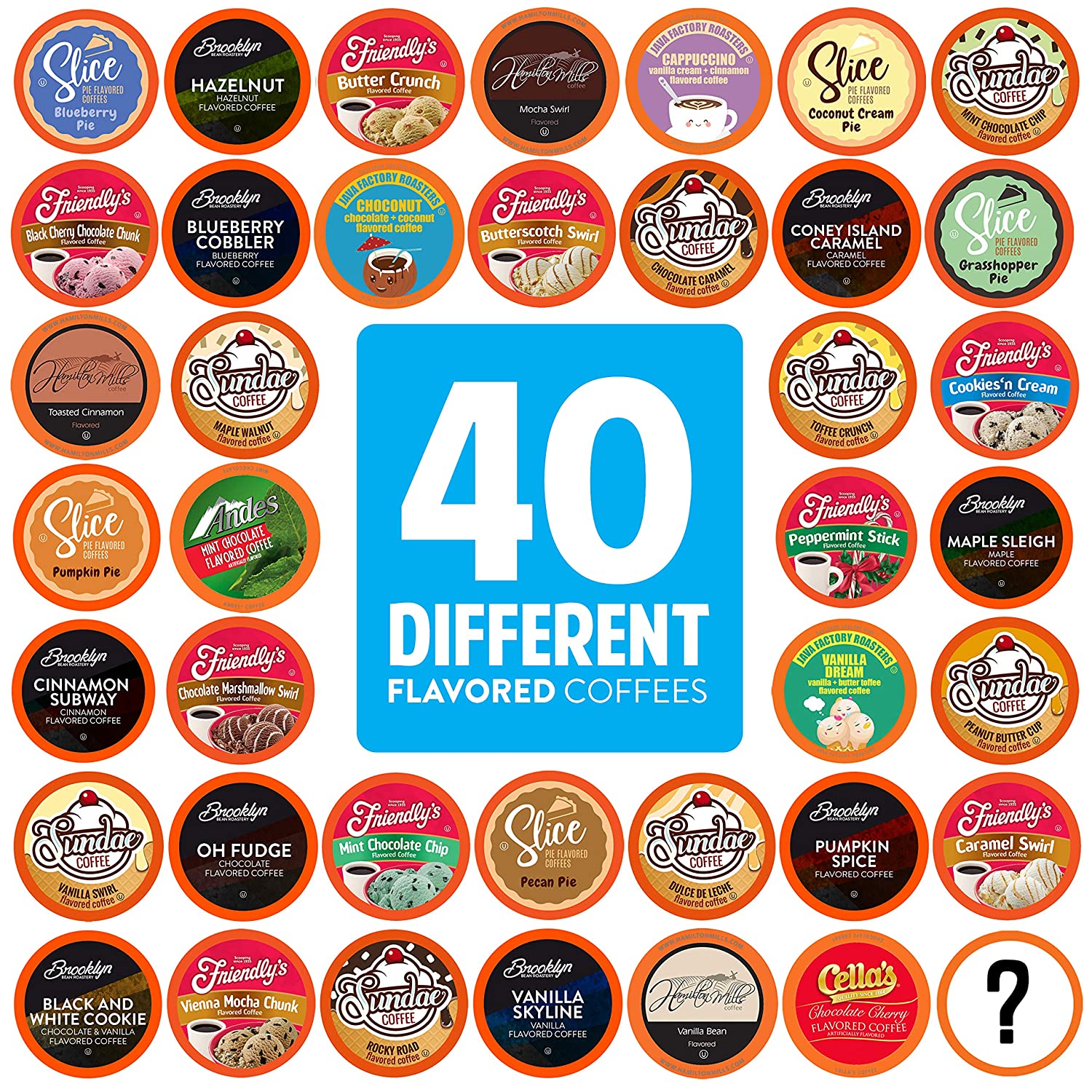 40 different flavored coffee capsules with text that reads, '40 different flavored coffees.'