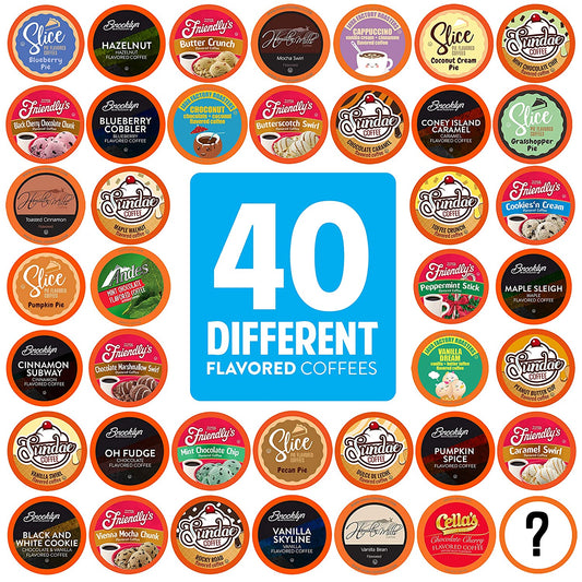 40 different flavored coffee capsules with text that reads, '40 different flavored coffees.'