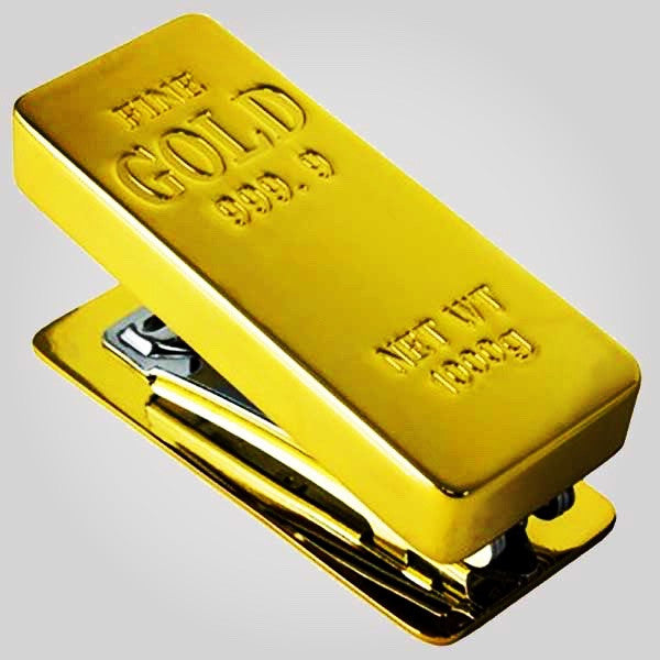 Gold-colored stapler designed to resemble a solid gold bullion bar