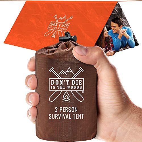 Compact two person emergency survival tent stored in a small drawstring pouch
