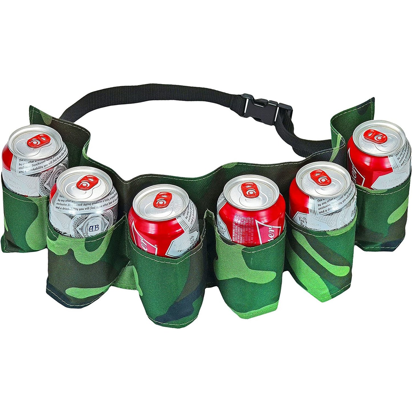 A green camouflage colored belt which has 6 pockets in the front to hold 6 cans of beer or soda.
