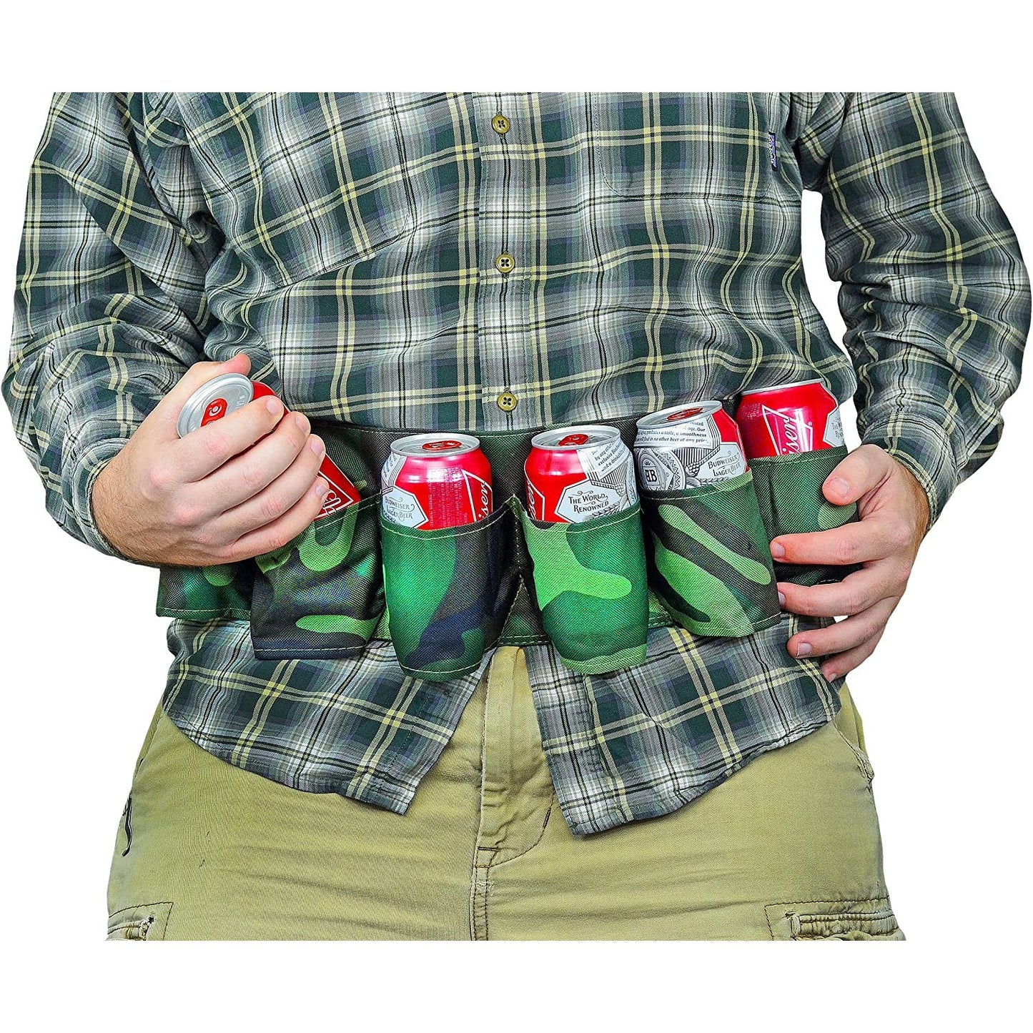 A man can be sen from the sholders down wearing a 6 pack beer and soda can belt holder.