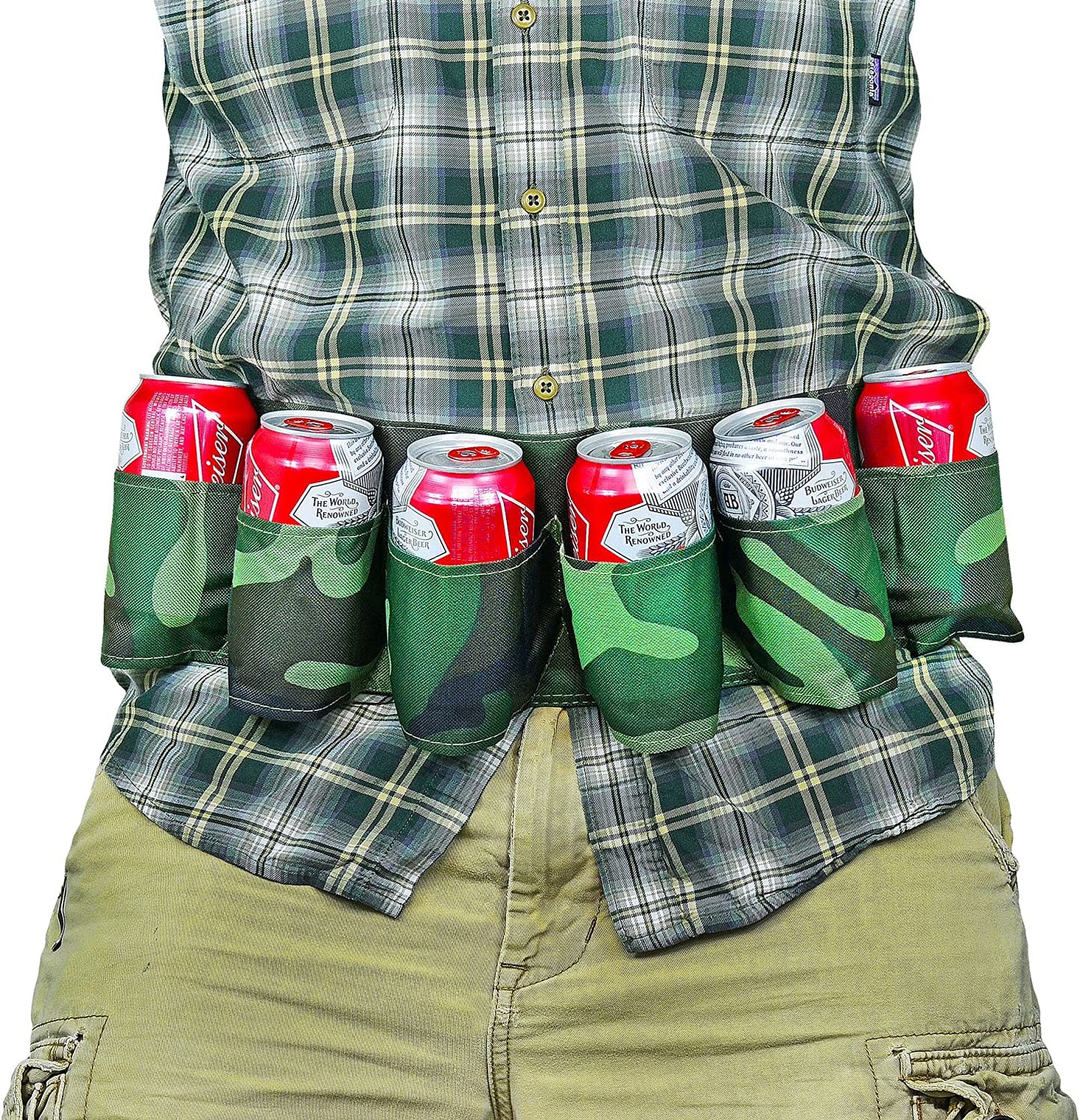 A camouflage colored beer belt is around a persons waist. The belt is designed for parties and to hold up to 6 cans of drink.