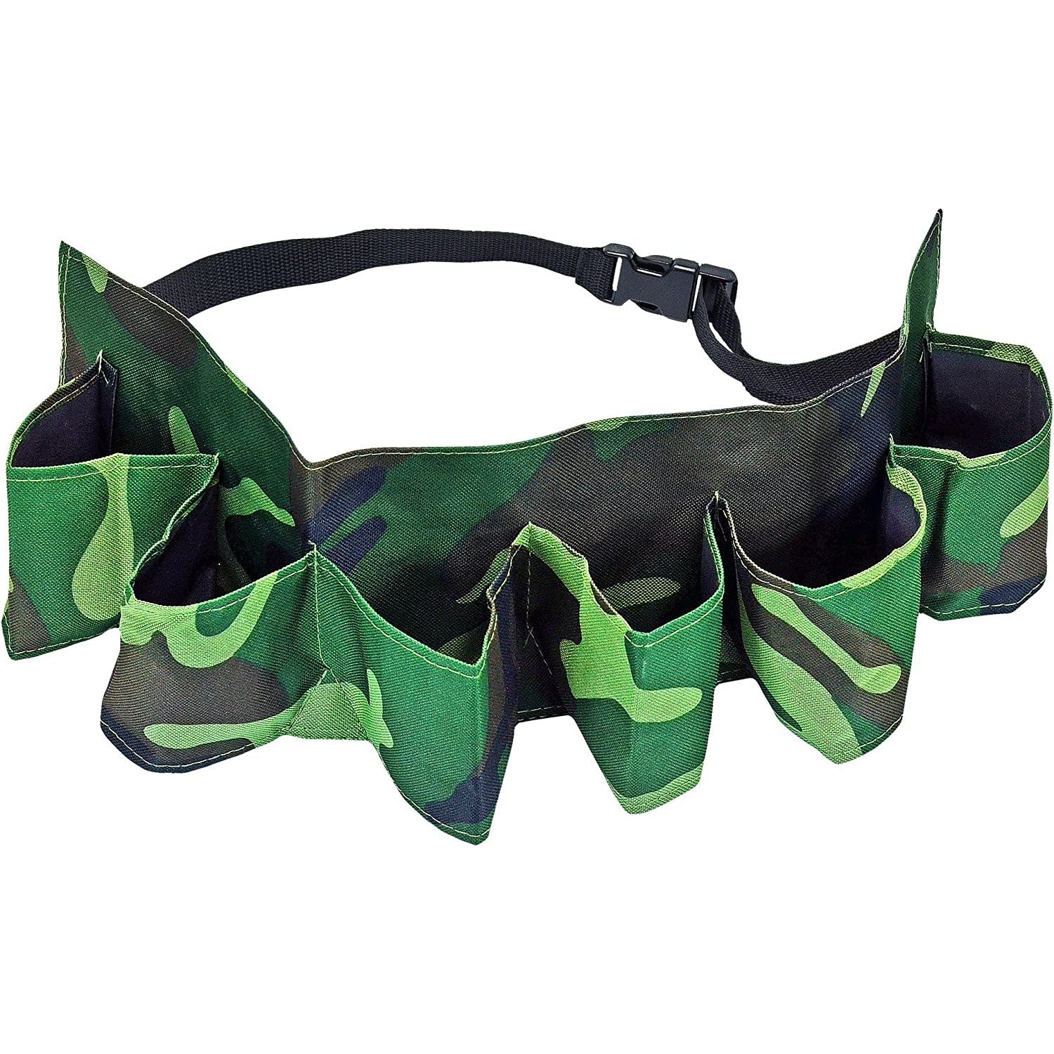 A green camouflage beer belt which features 6 pockets in the front to hold 6 cans of beer or soda.