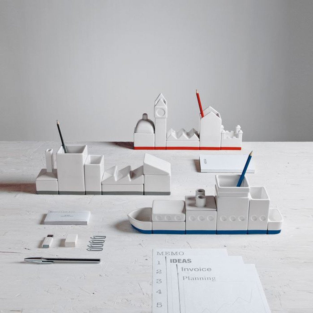 White modular city skyline desk organizer with compartments for stationery