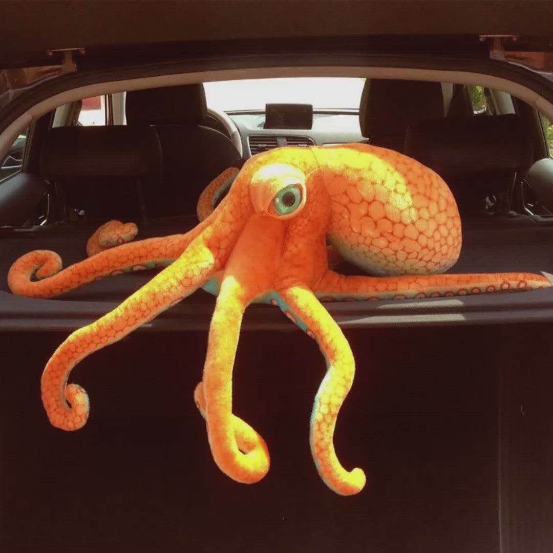 A video showing various images of an octopus plush toy with funny captions and music.