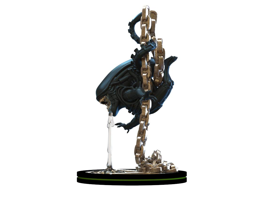 Alien movie xenomorph figurine hanging off a heavy duty chain drooling slime