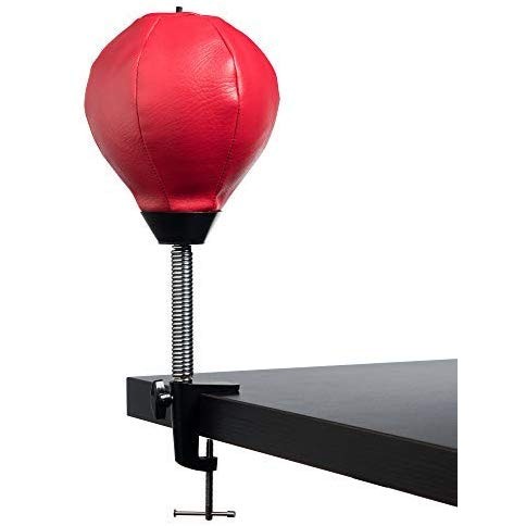 Small red desktop punching bag attached to the edge of a desk