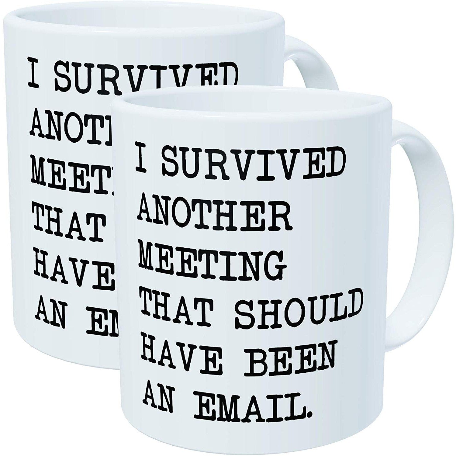 White office coffee mugs with a joke about meetings that should have been emails