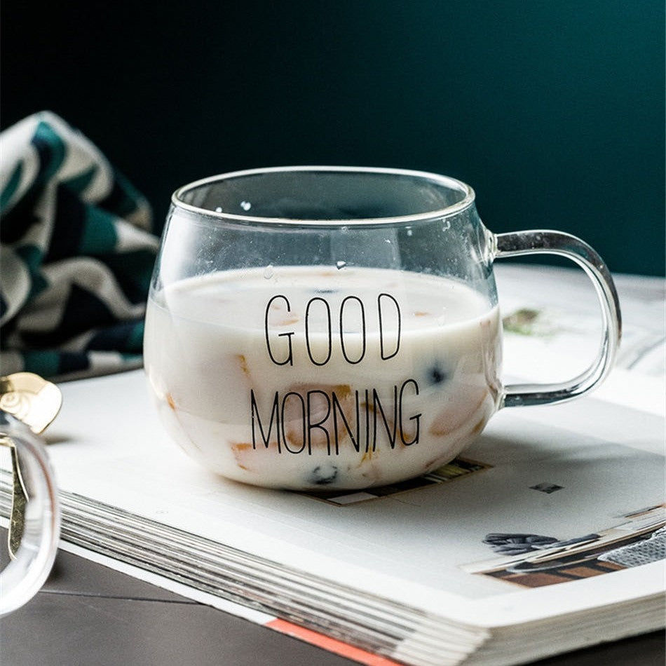 A glass mug with milk and cereal 