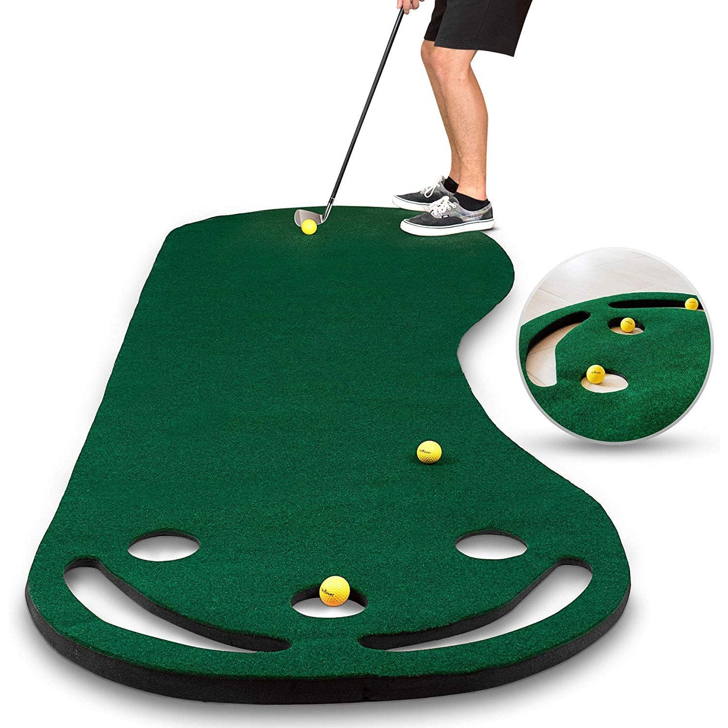 Portable green mini golf putting mat with recessed target holes