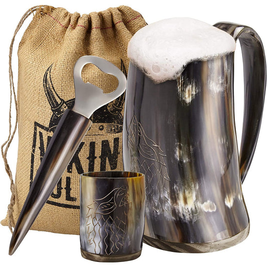 A 3-piece Viking beer mug set which includes a genuine ox horn mug, shot glass and bottle opener.