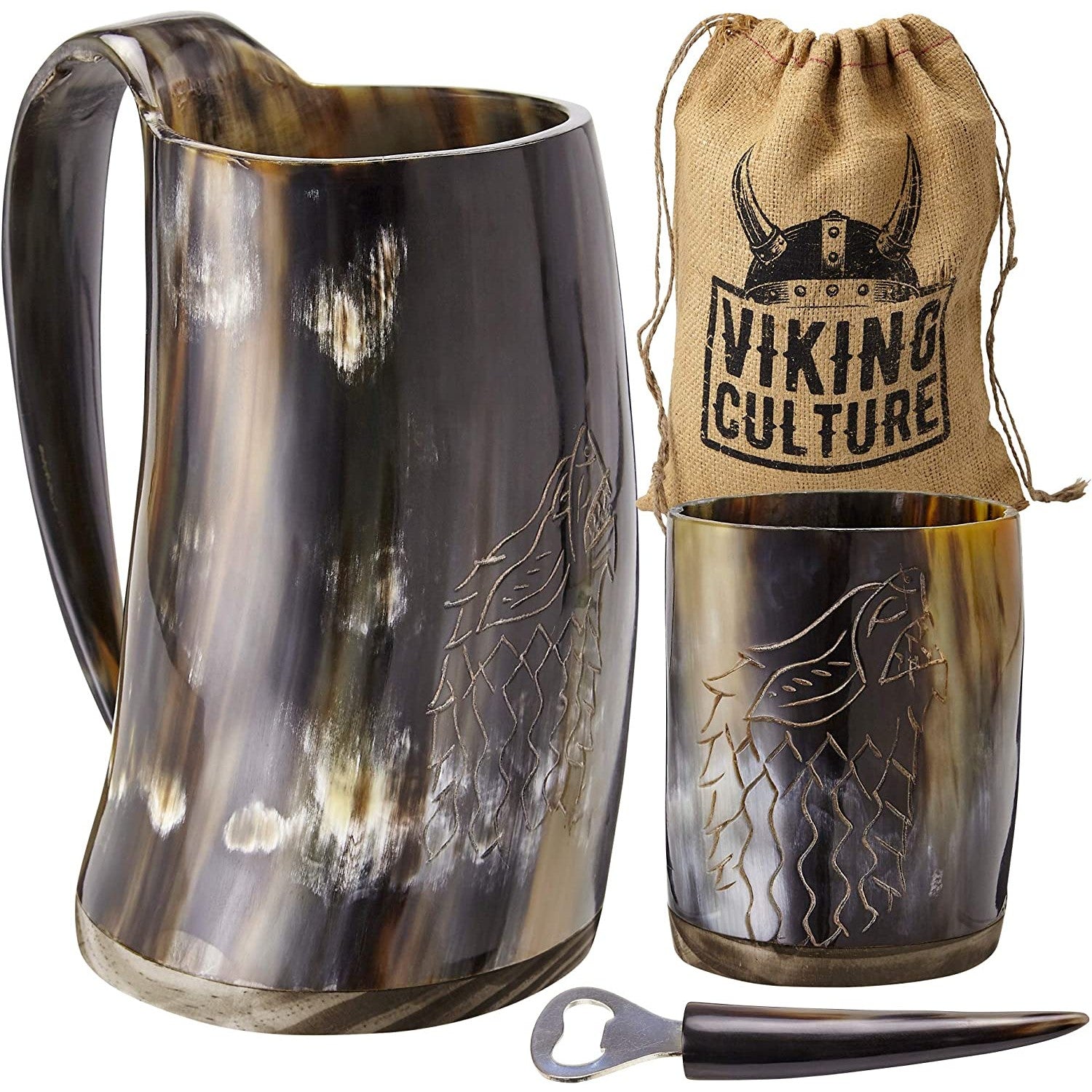An ox horn beer mug set which includes a genuine ox horn mug, shot glass and bottle opener. A brown drawstring bag is also included.