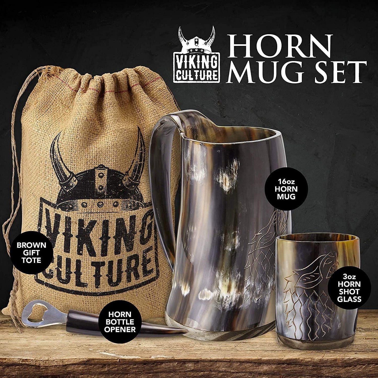 A Viking beer mug set which includes a horn mug, horn shot glass, horn bottle opener and a brown gift tote.