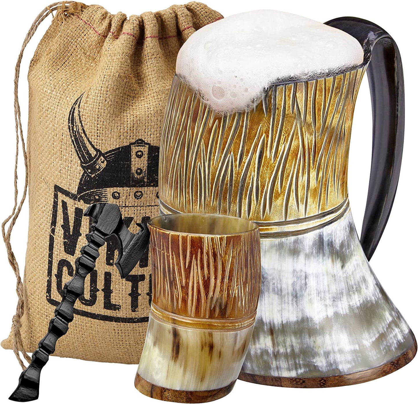 A Viking beer mug set which includes an ox horn mug, shot glass, axe shaped bottle opener and a brown drawstring bag.