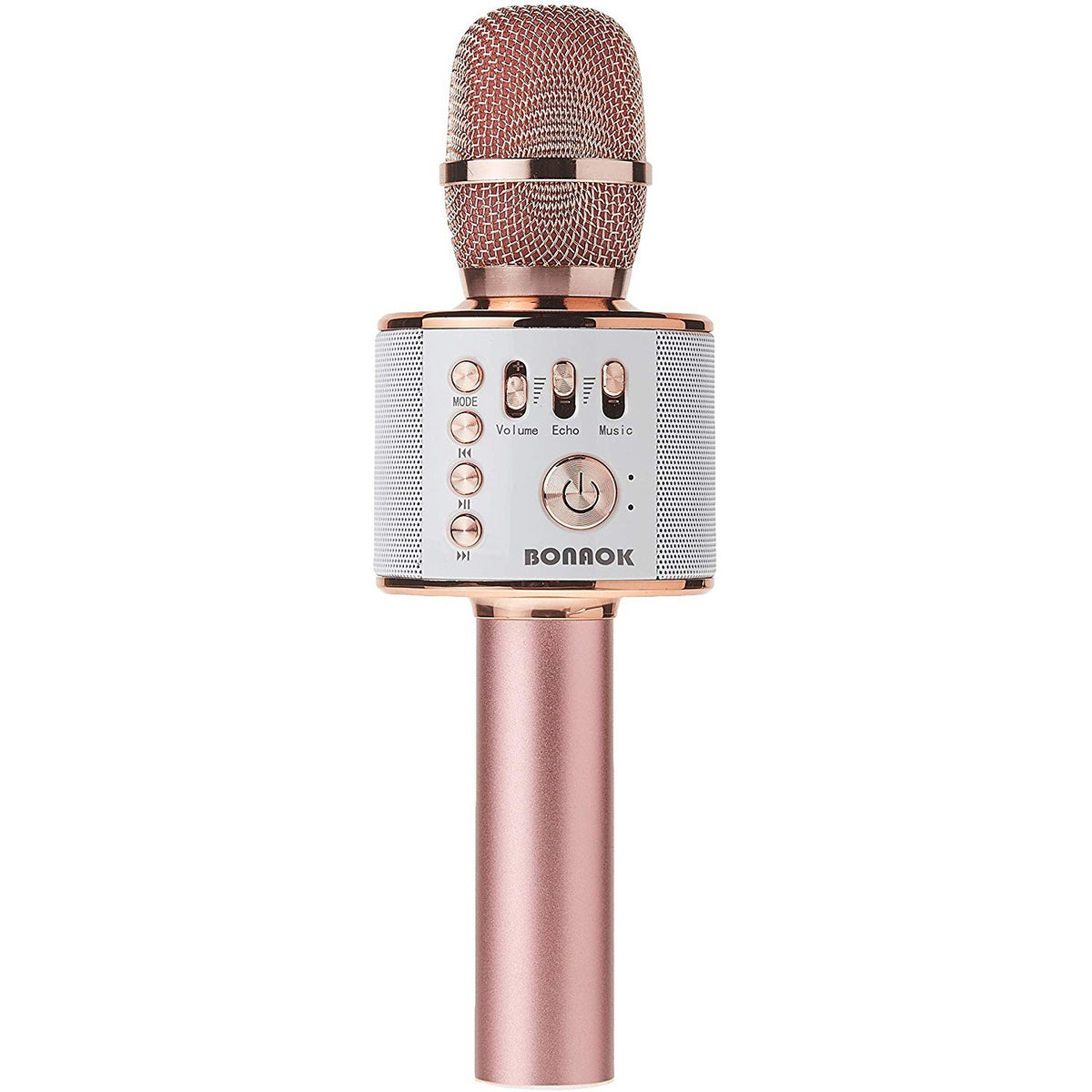 Rose gold wireless Bluetooth karaoke microphone with built in controls