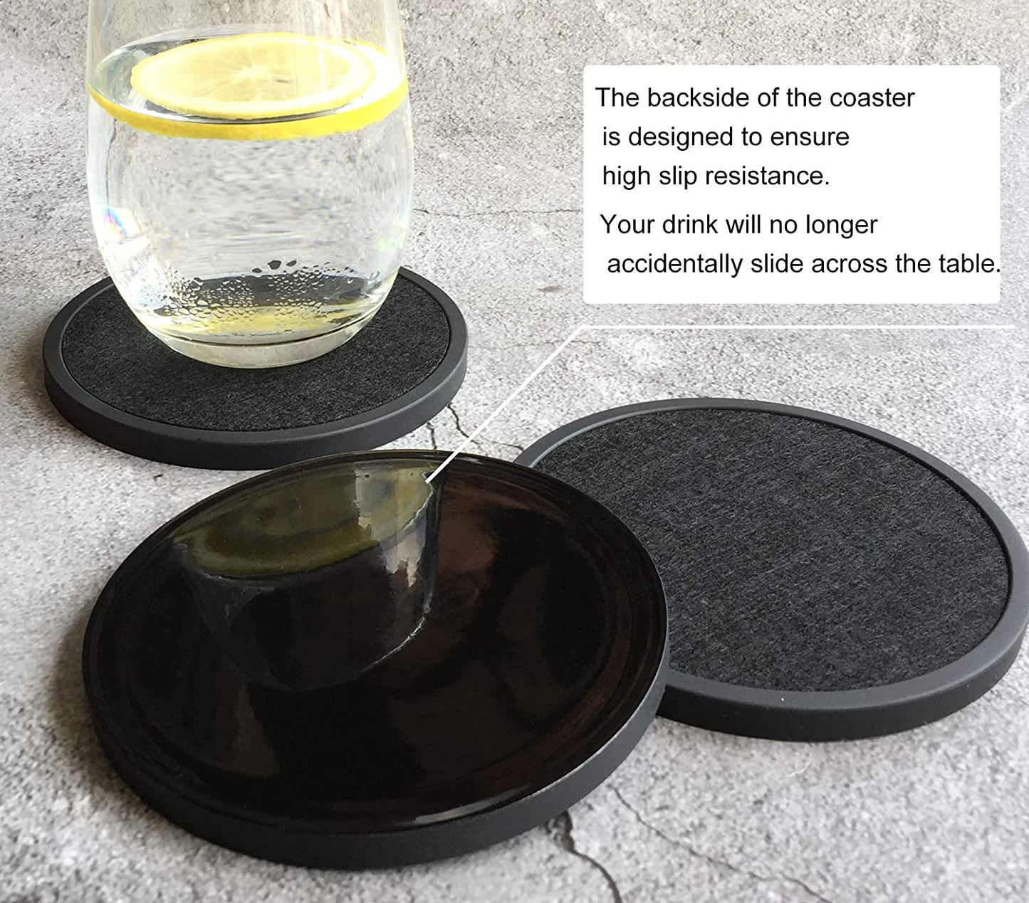 A pair of absorbent coasters. One has a cold glass of water on it. There is text which says, "The backside of the coaster is designed to ensure high slip resistance. Your drink will no longer accidentally slide across the table.