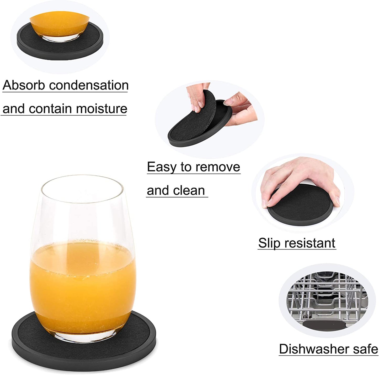 Information about the absorbent coasters. The text reads, "Absorb condensation and contain moisture. Easy to remove and clean. Slip resistant. Dishwasher safe."