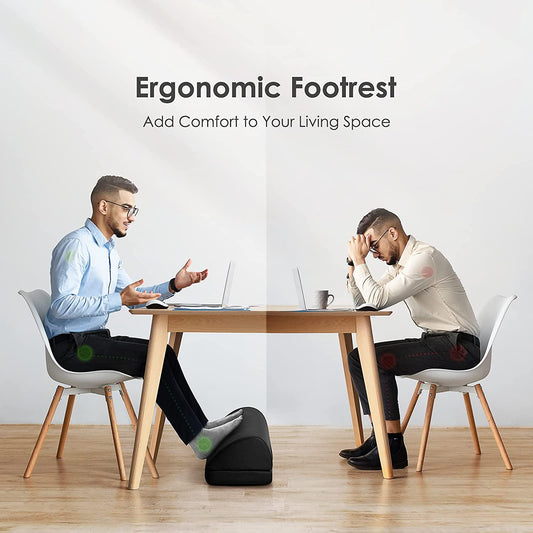 A person is resting their feet comfortably on a foot rest vs a person who is slouched over looking uncomfortable without a foot rest. The text says, 'Add comfort to your living space.'