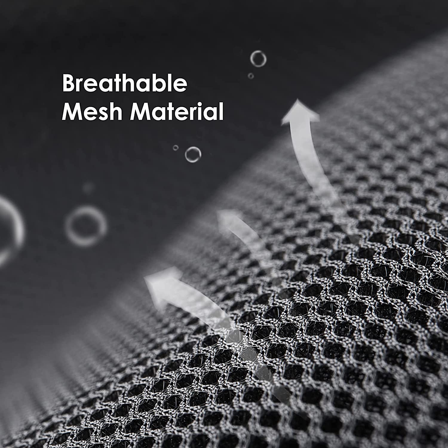 A close-up view of the mesh used on an adjustable foot rest. The text says, 'Breathable mesh material.'