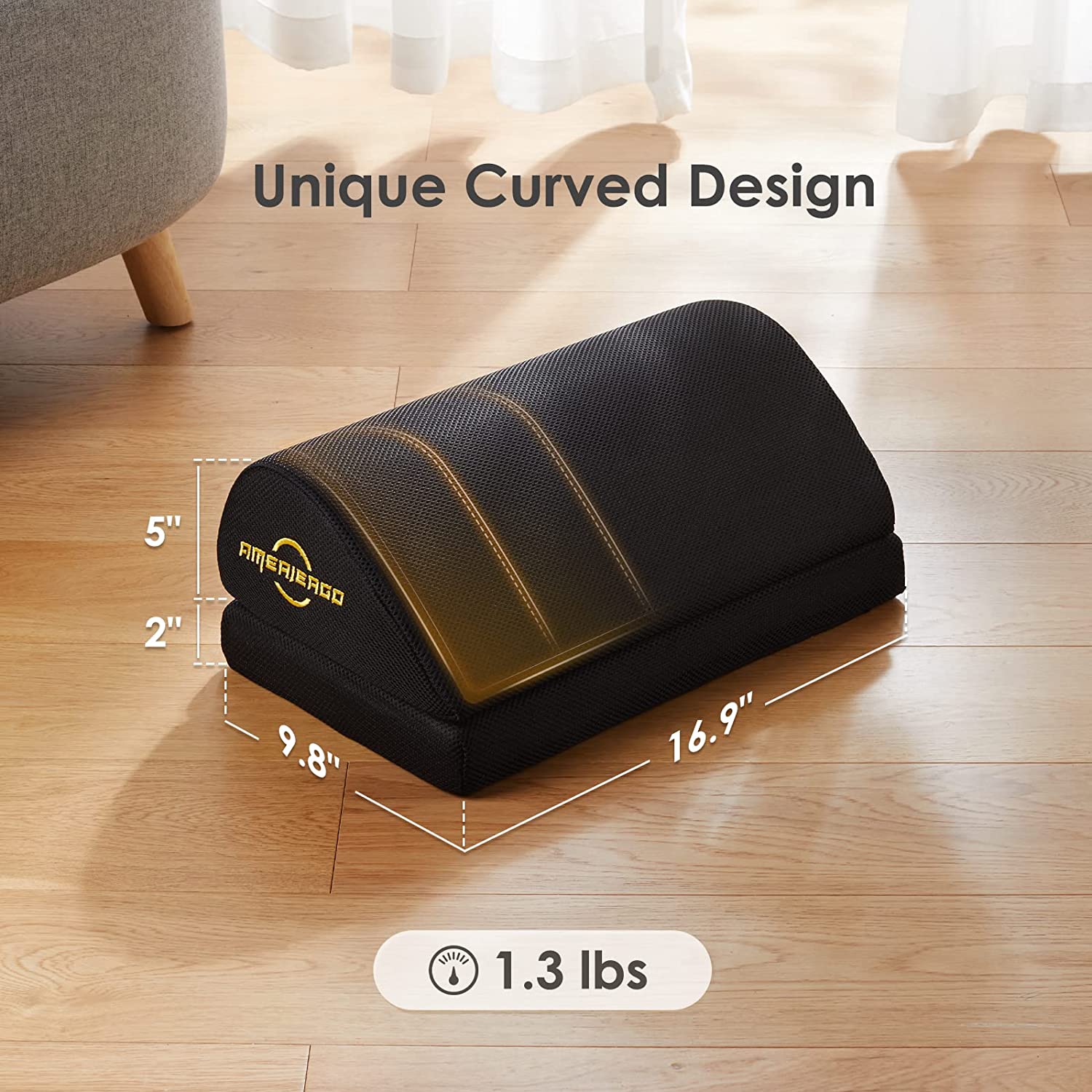 Size measurements for an adjustable foot rest. The text says, 'Unique curved design.'