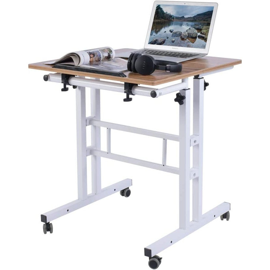 A white and oak wood colored adjustable standing desk.