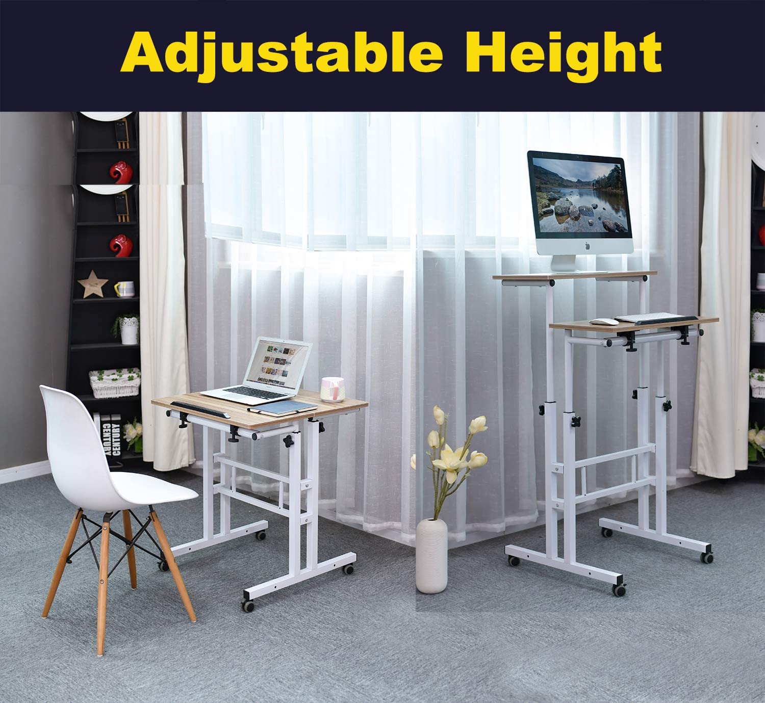 A collage of two images showing an adjustable standing desk. One image shows the table folded down to form a desk and the other image shows the table unfolded as a standing desk. The text reads, 'Adjustable height.'