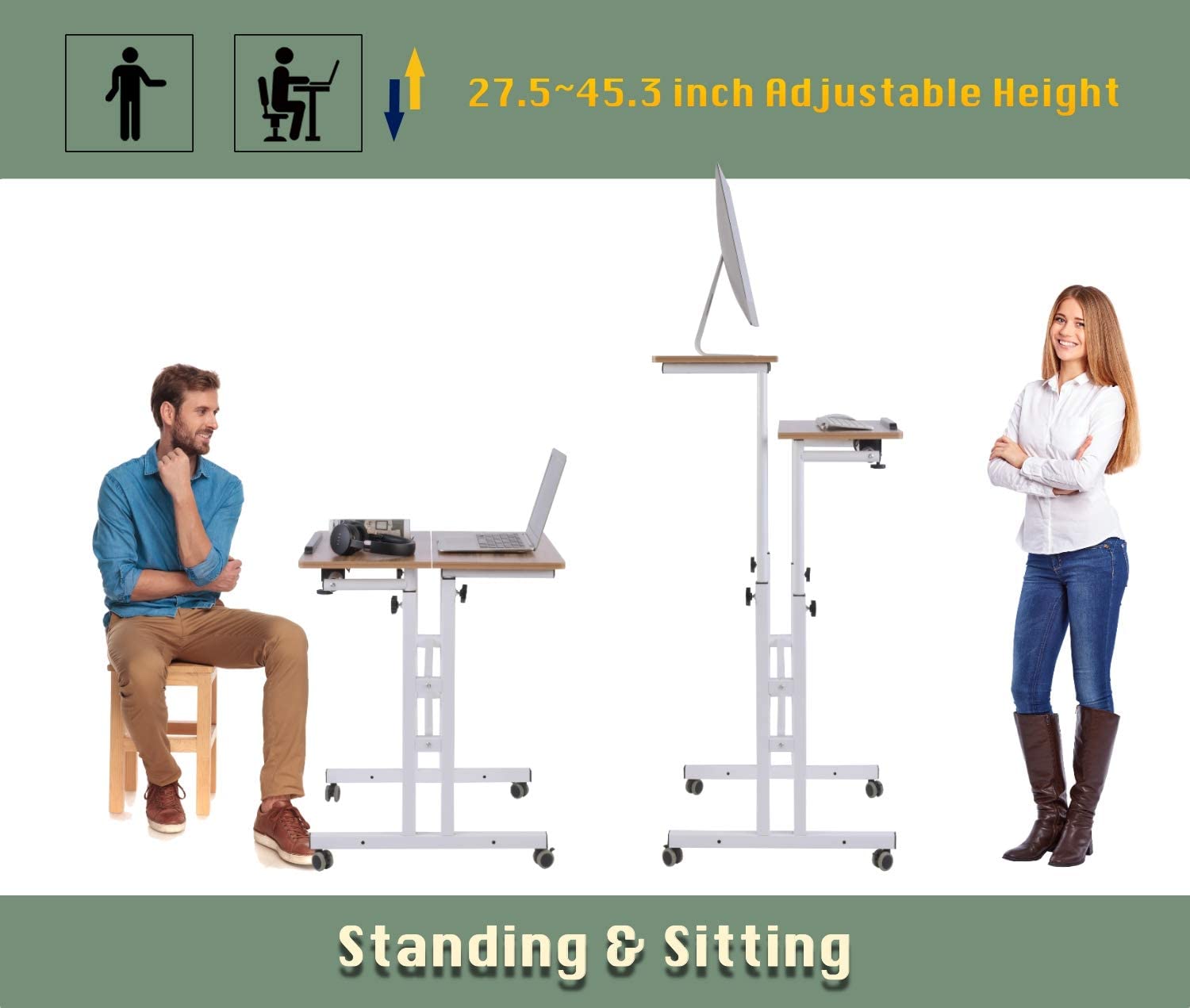 A man is sitting in front of an adjustable standing desk and a woman is standing in front of an adjustable standing desk. The text reads, 'Standing and sitting. 27.5 - 45 inch adjustable height.'