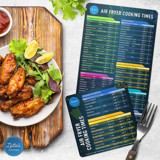 A large and small air fryer cheat sheet showing different times and temperatures to cook various different meals.