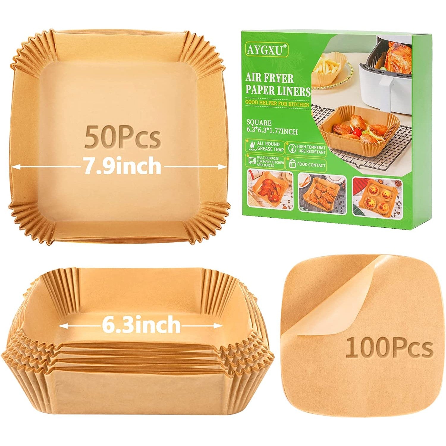 Brown colored disposable air fryer paper liners in two sizes.